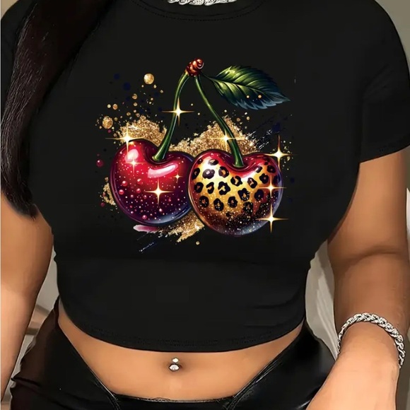 Chic Black Crop Top with Cherry Design size Large NWT - Picture 1 of 4